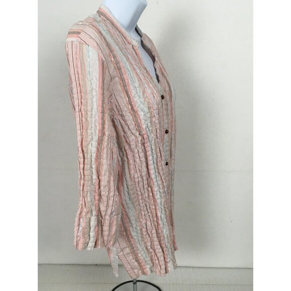Dressbarn Womens Top Size 1X Pink White Green Striped Button Up Blouse V neck - Picture 3 of 14
